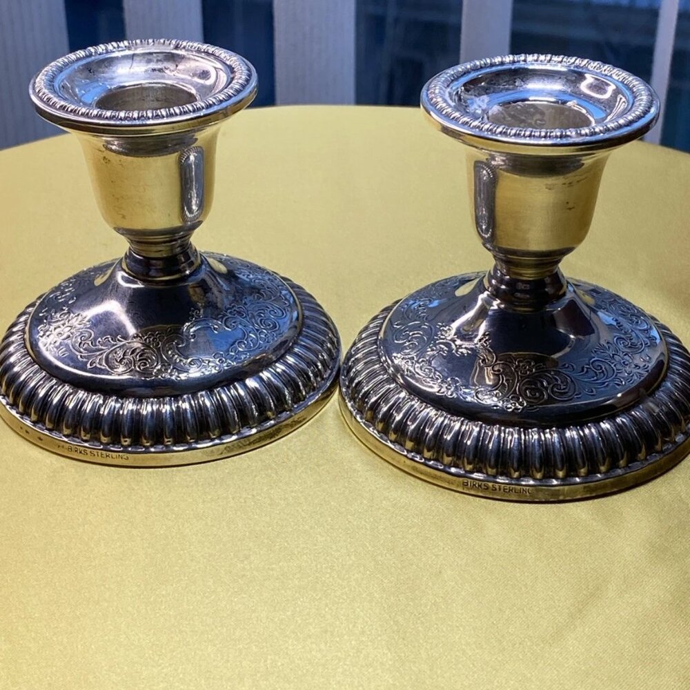 Antique Birks Sterling Silver Candlesticks c.1920s–1930s Deep Engraved 93/26